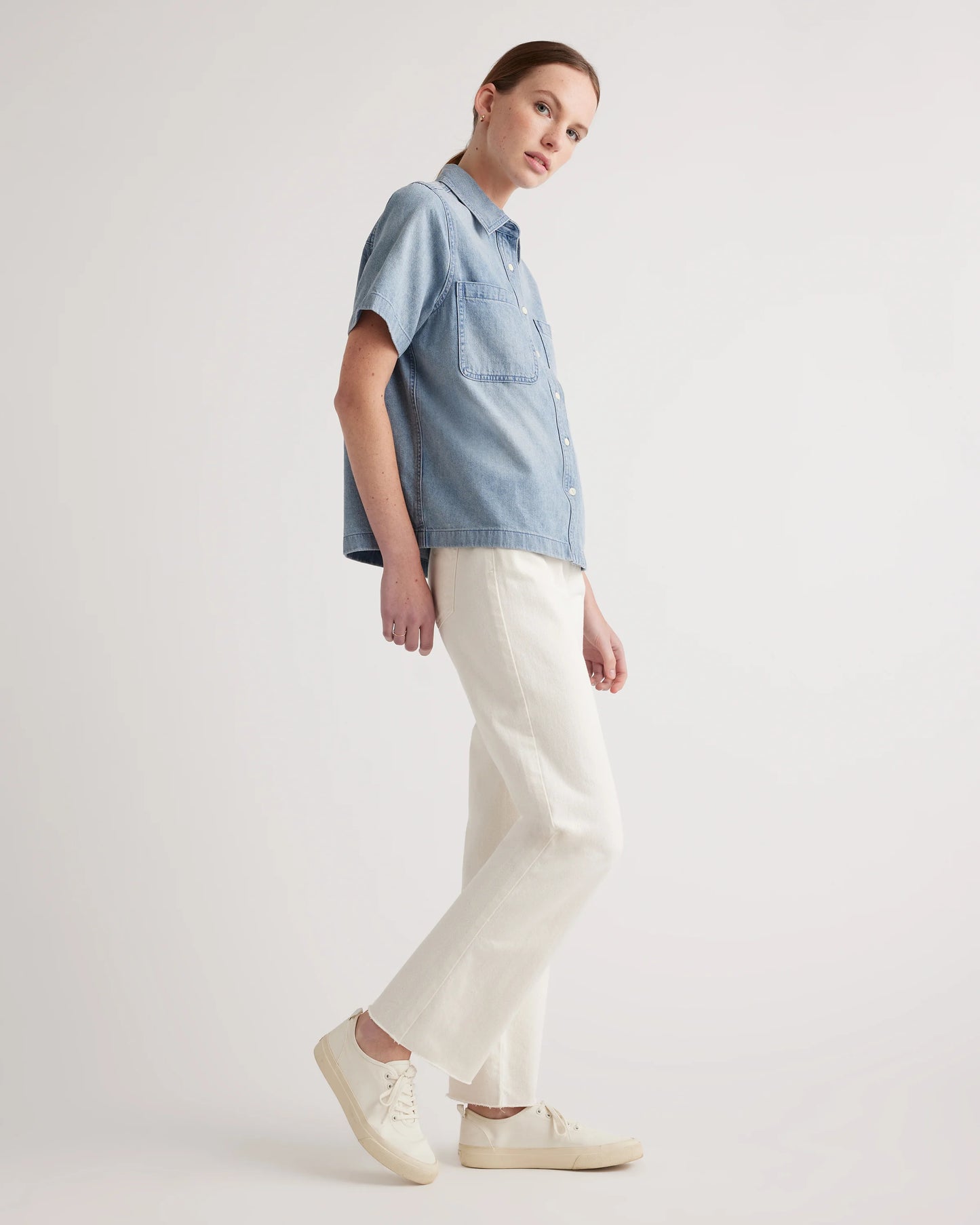Distressed Denim Short Sleeve Shirt - XS / Light Chambray