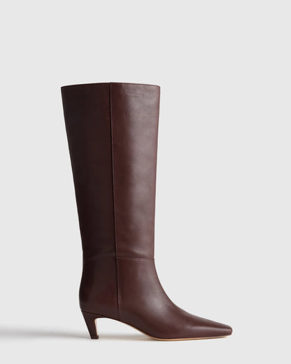 Italian Leather Tall Kitten Heel Boots - 5 / Espresso Brown