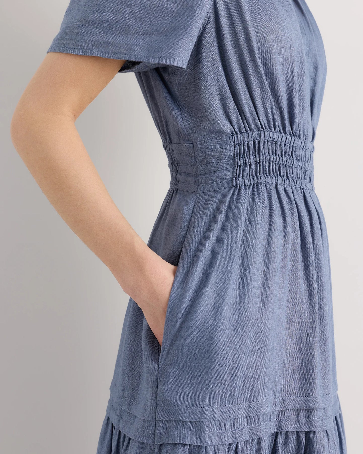 100% European Linen Tiered Maxi Dress - XS / Ivory Porcelain Blue Petite Floral