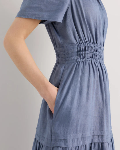 100% European Linen Tiered Maxi Dress - XS / Ivory Porcelain Blue Petite Floral