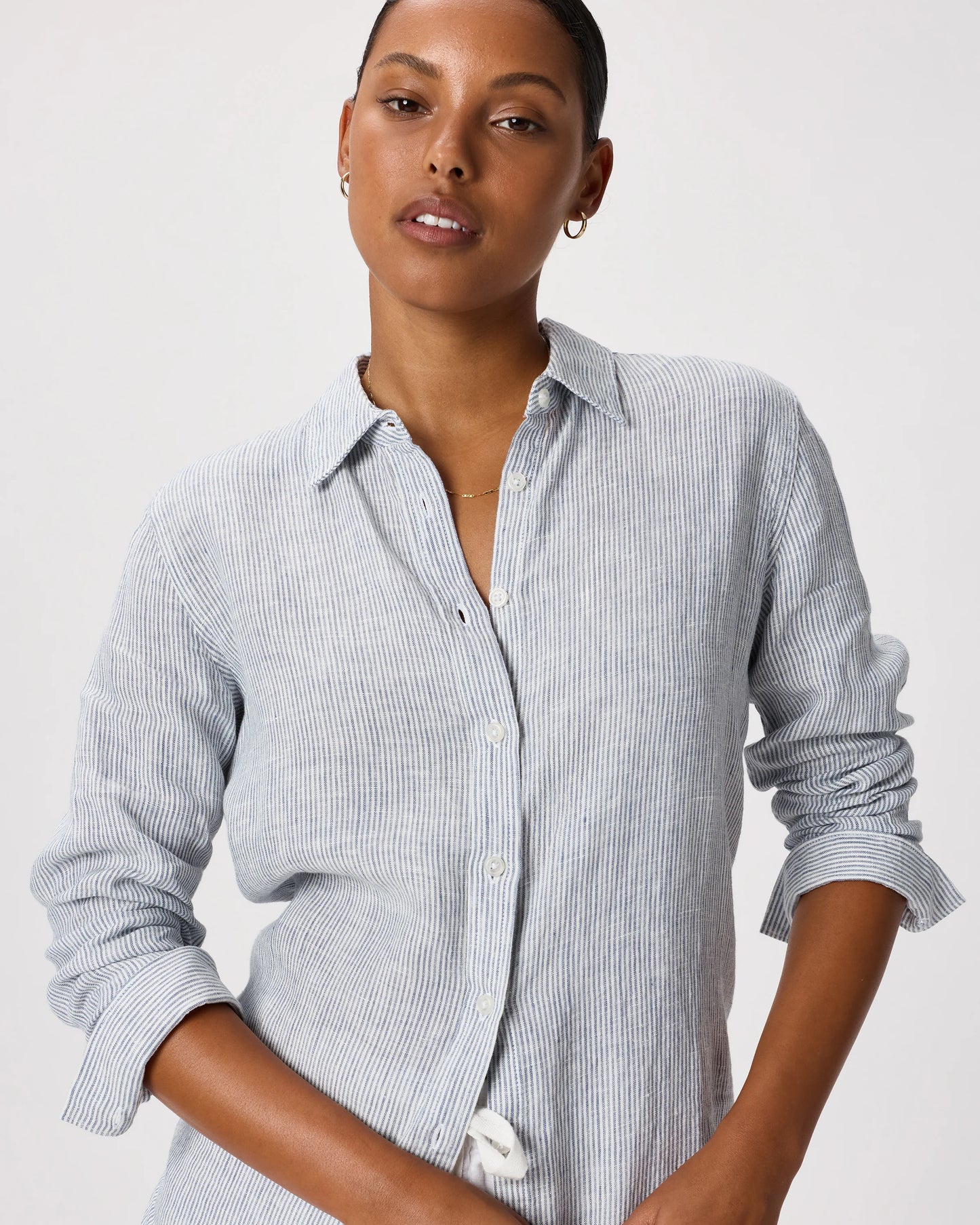 100% European Linen Long Sleeve Shirt - XS / Blue Pinstripe