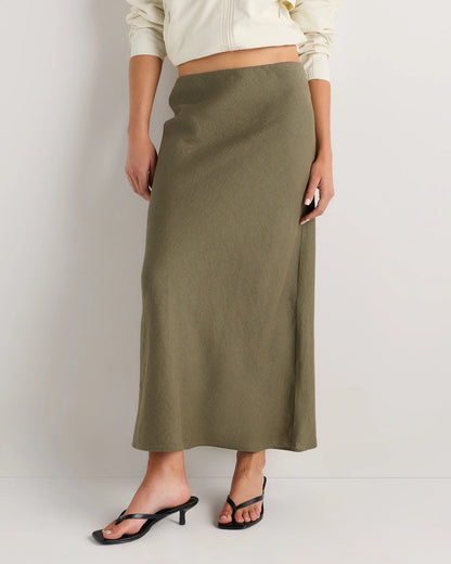 100% European Linen Midi Slip Skirt - XS / Bayberry Olive
