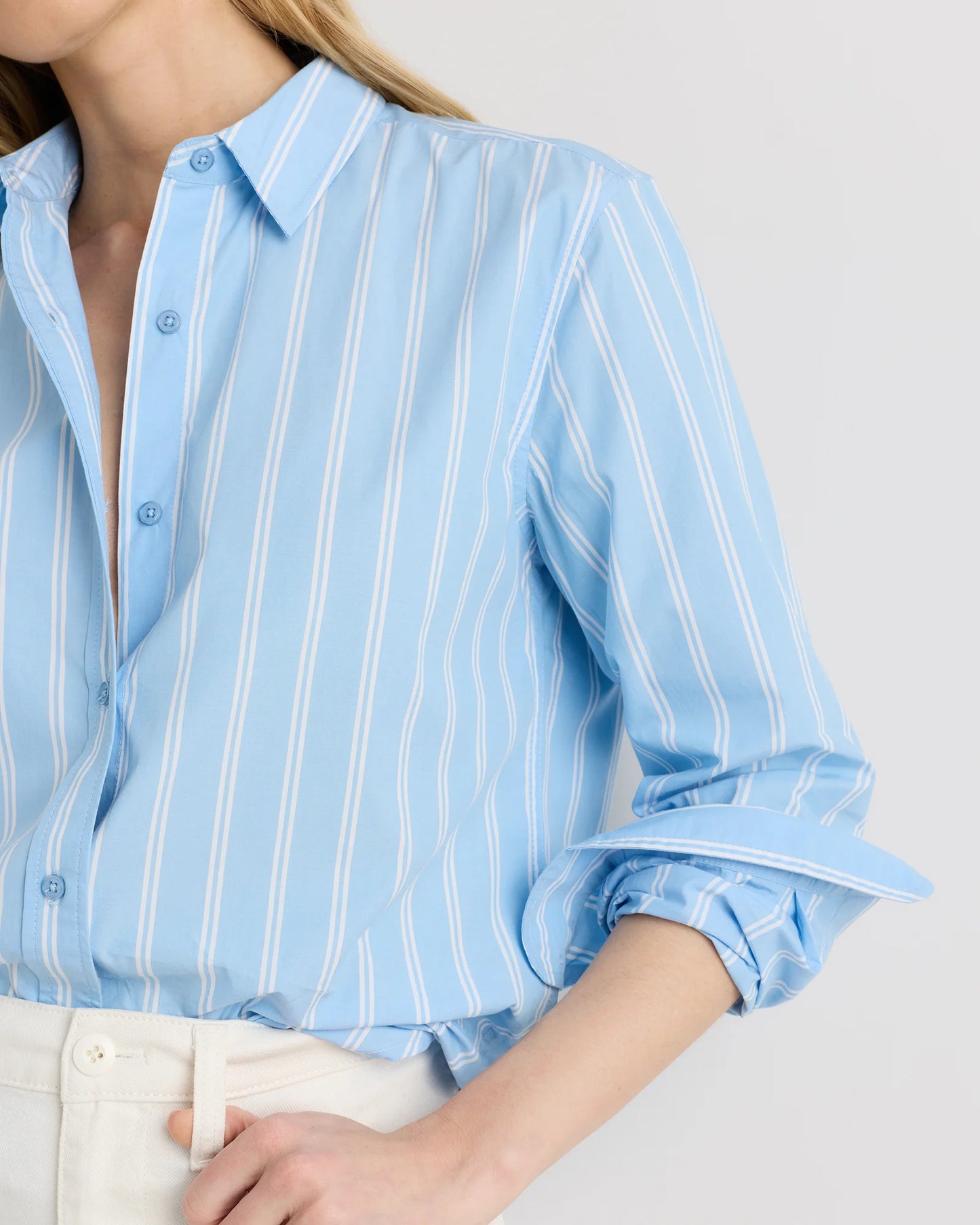 100% Organic Cotton Poplin Long Sleeve Shirt - XS / Delta Blue Double Stripe