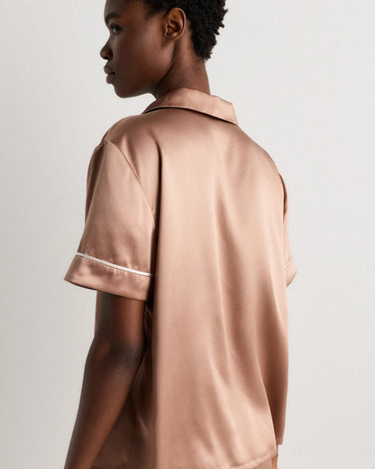 100% Washable Silk Satin Short Sleeve Pajama Top - XS / Tiny Diamonds