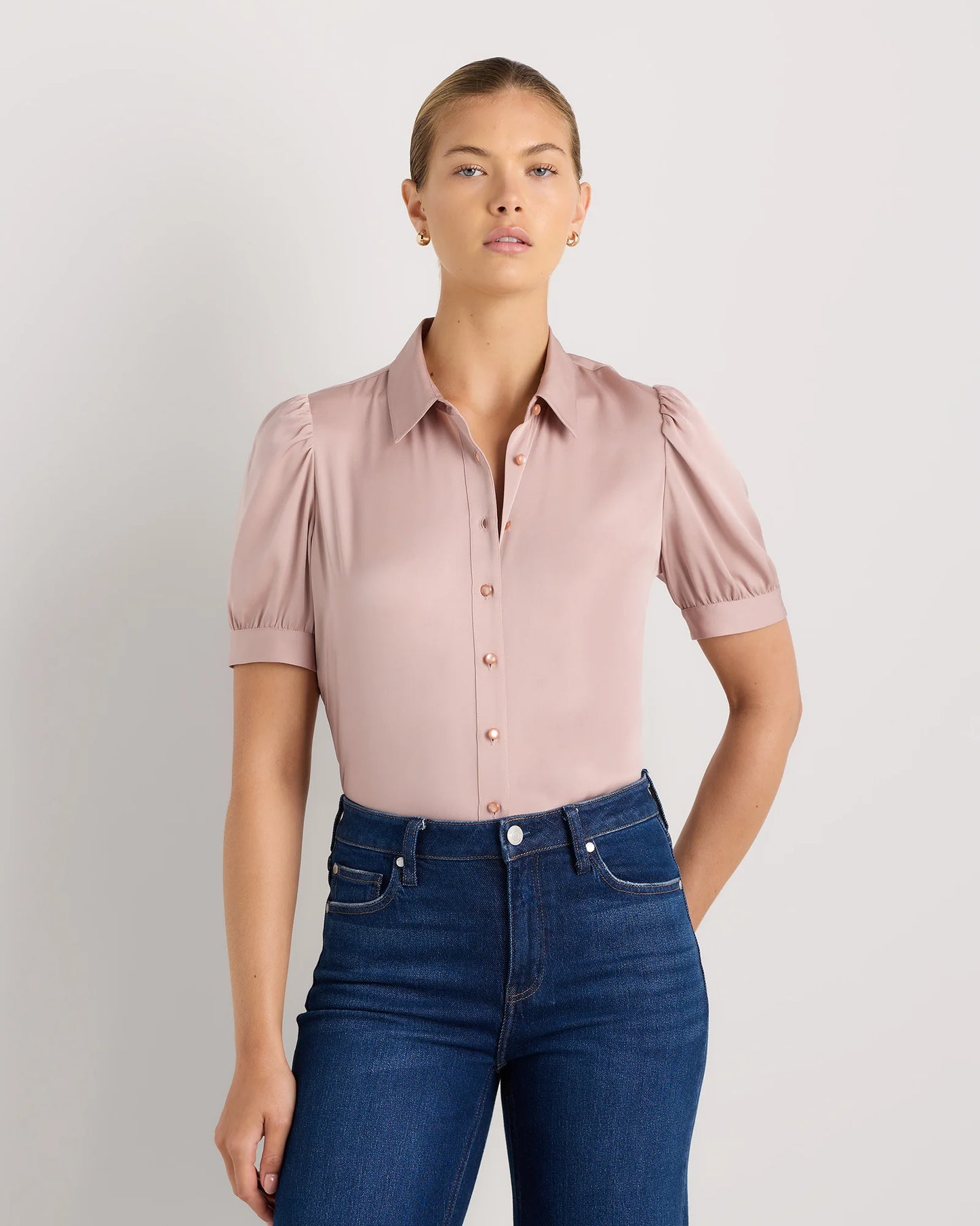 Washable Stretch Silk Puff Sleeve Blouse - XS / Vintage Pink
