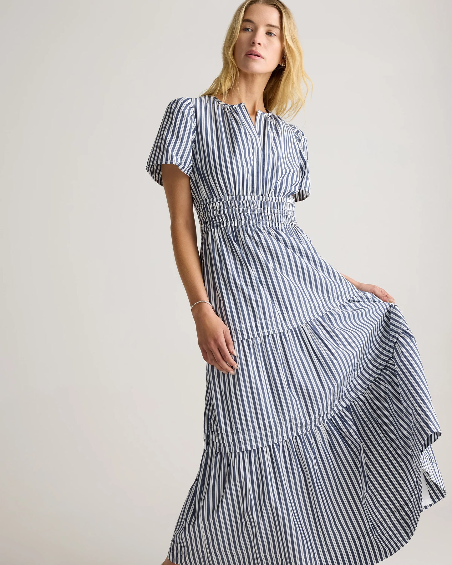 100% Organic Cotton Poplin Tiered Maxi Dress - XS / Riviera Blue Heirloom Floral