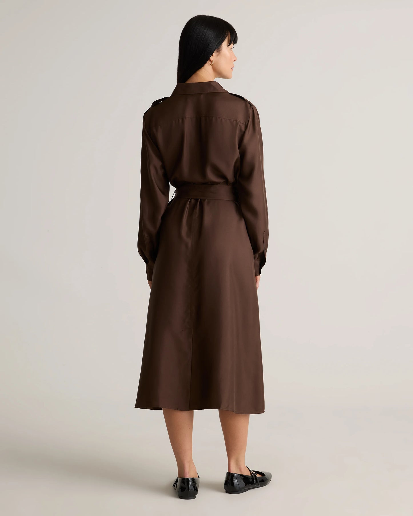 100% Silk Twill Utility Shirt Dress - XS / Hot Fudge