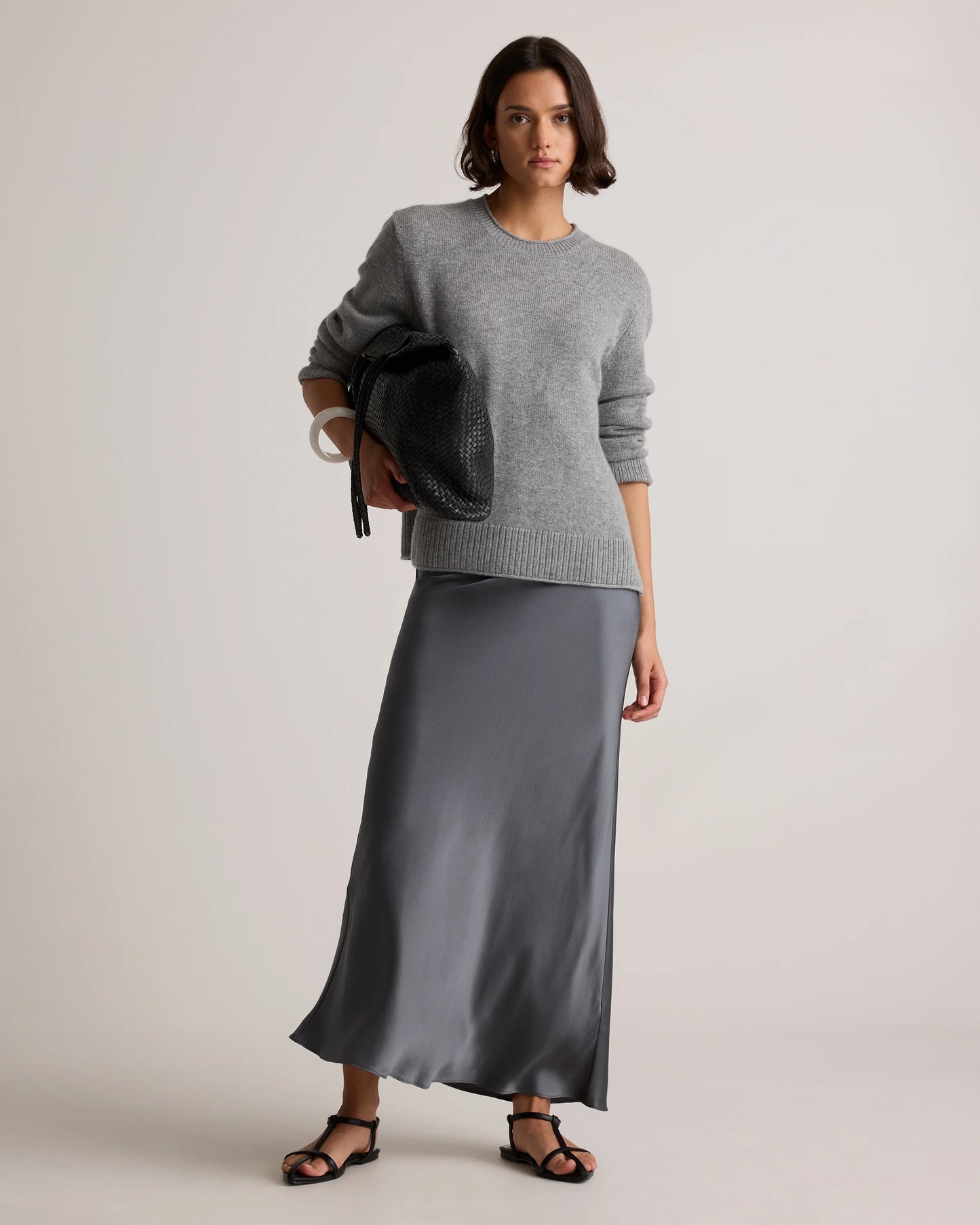 Mongolian Cashmere Boxy Crewneck Sweater - XS / Faded Denim/Brown/Ivory Variegated Stripe