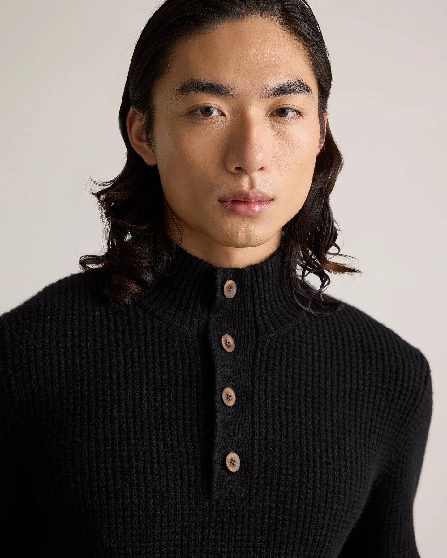Mongolian Cashmere Waffle Quarter Button Sweater - S / Elk Brown