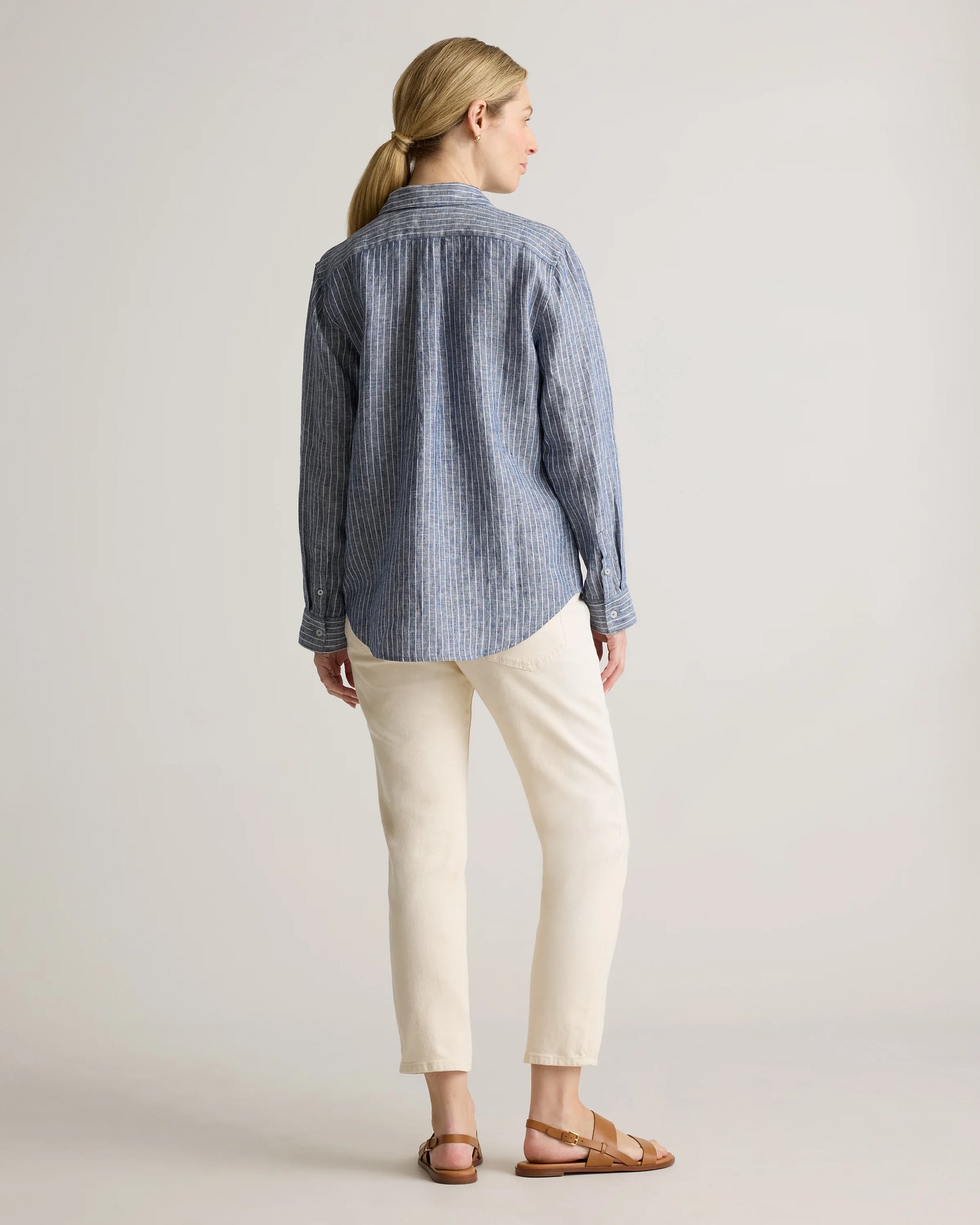100% European Linen Maternity Long Sleeve Shirt - XS / Blue Pinstripe