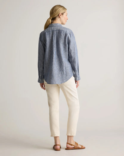 100% European Linen Maternity Long Sleeve Shirt - XS / Blue Pinstripe