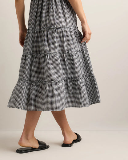 100% European Linen Smocked Midi Dress - XS / Ivory Porcelain Blue Petite Floral