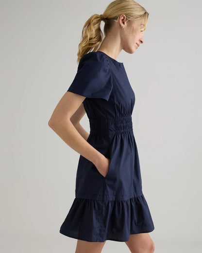 100% Organic Cotton Poplin Tiered Mini Dress - XS / Riviera Blue Heirloom Floral