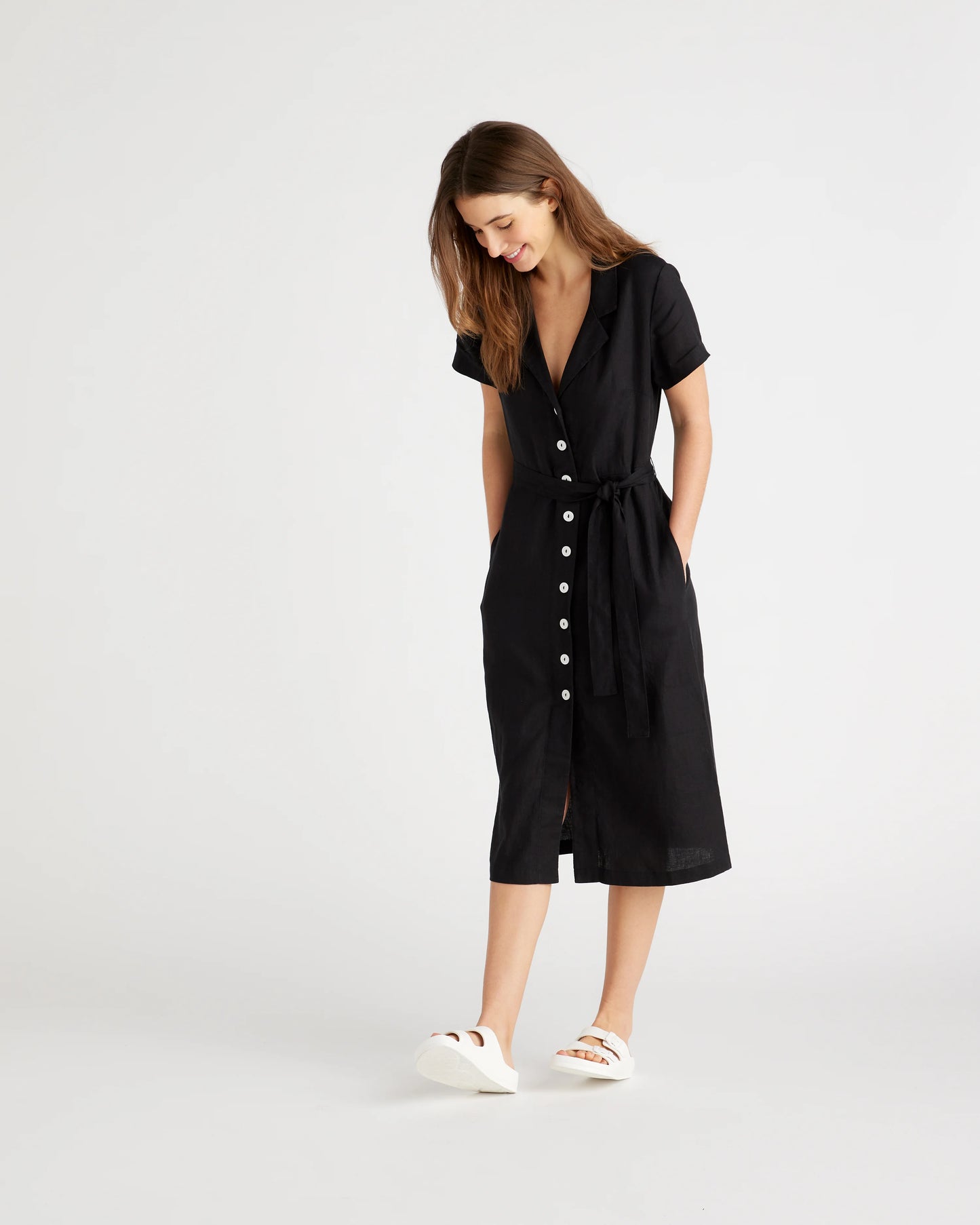100% European Linen Button Front Dress - XS / Sky Blue Mariner Stripe
