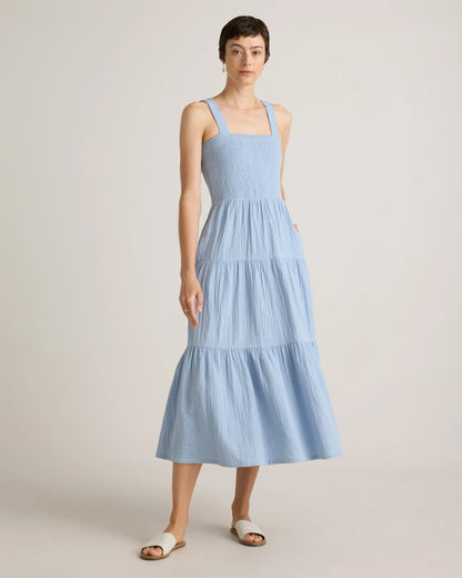 100% Organic Cotton Gauze Smocked Sleeveless Maxi Dress - XS / Ocean Breeze