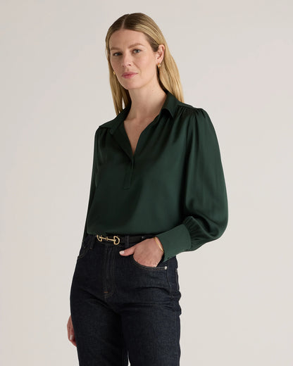 Washable Stretch Silk Split Neck Blouse - XS / Forest Green