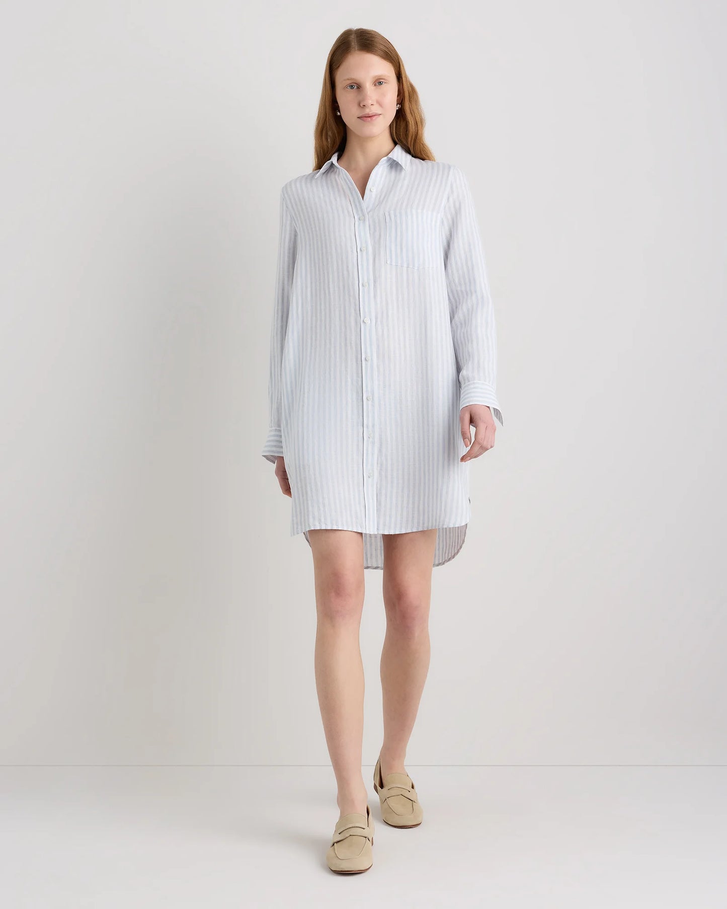 100% European Linen Shirt Dress - XS / Sky Blue Mariner Stripe