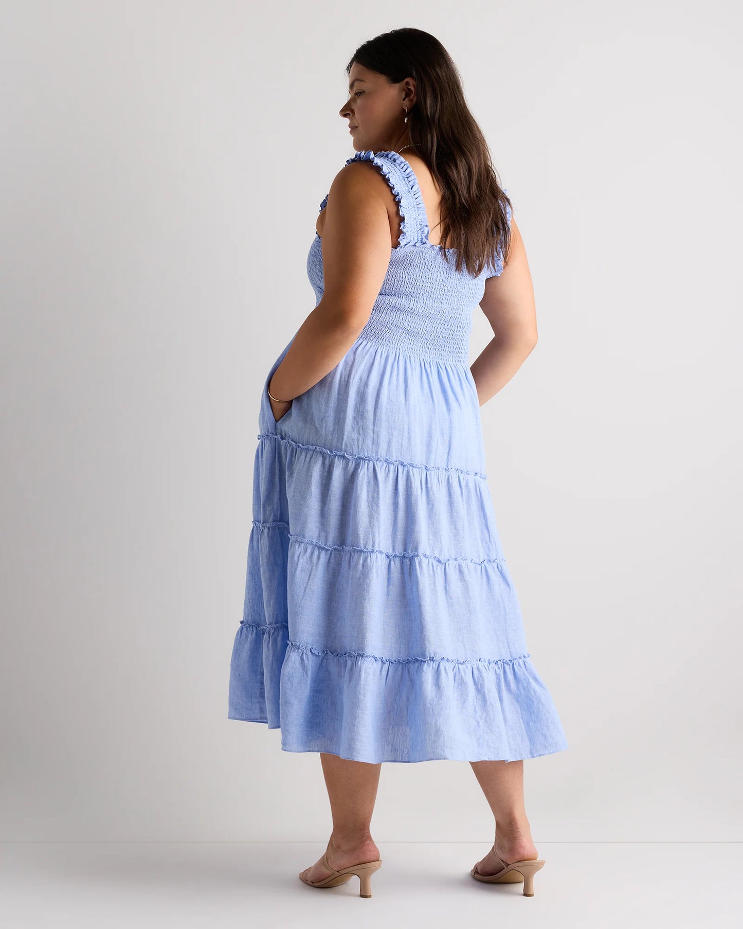 100% European Linen Smocked Midi Dress - 1X / Flax