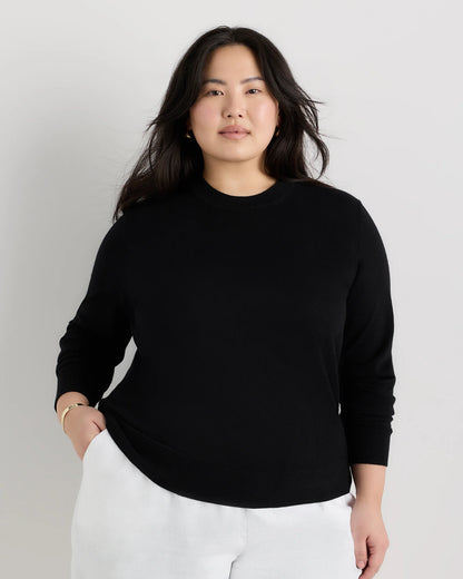 Lightweight Cotton Cashmere Crew Sweater - 1X / Black