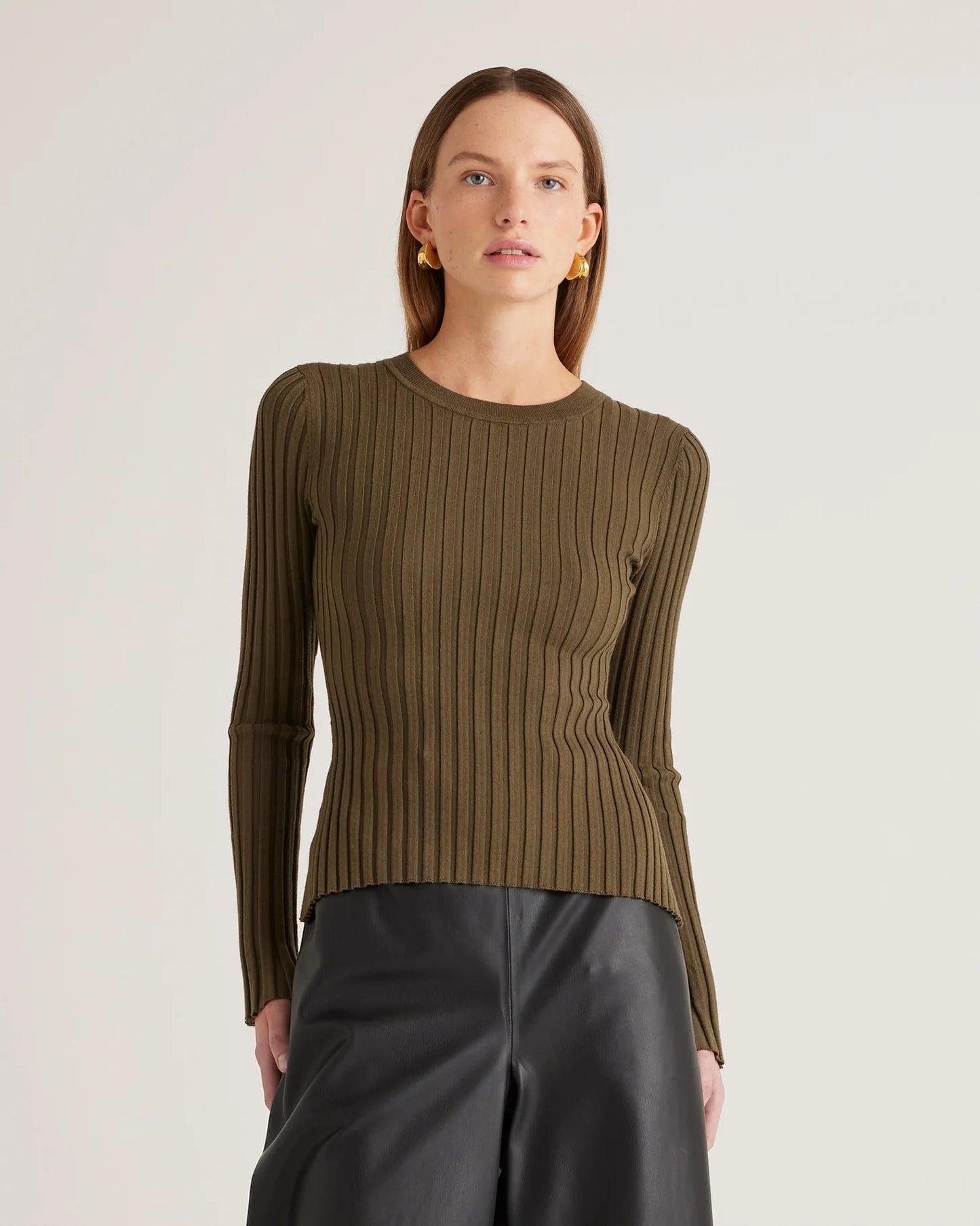 Cotton Cashmere Ribbed Long Sleeve Sweater - XS / Sugar Stone