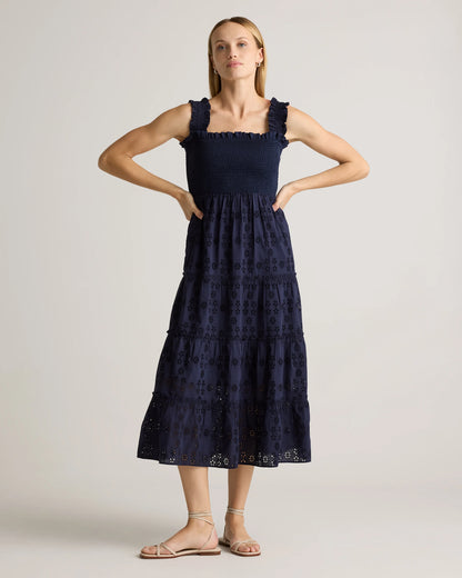 100% Organic Cotton Eyelet Smocked Midi Dress - XS / White
