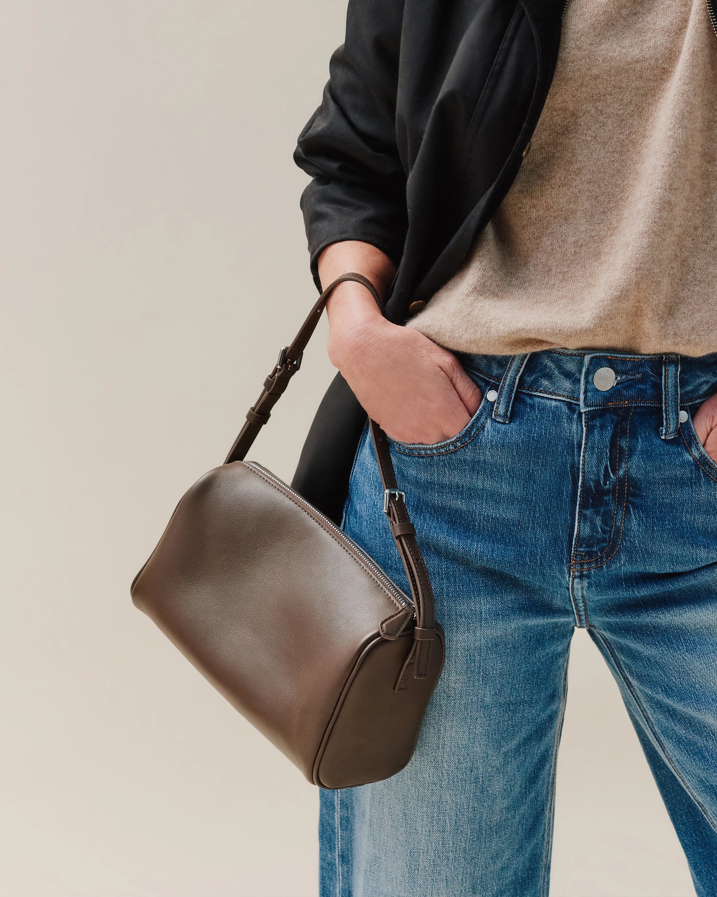 Italian Leather Mini Barrel Shoulder Bag - One Size / Dark Brown