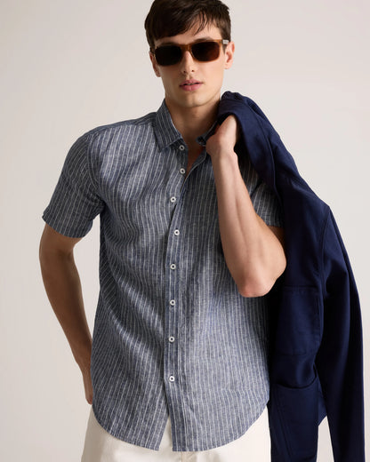 100% European Linen Relaxed Short Sleeve Shirt - XS / Taupe Brown Chambray