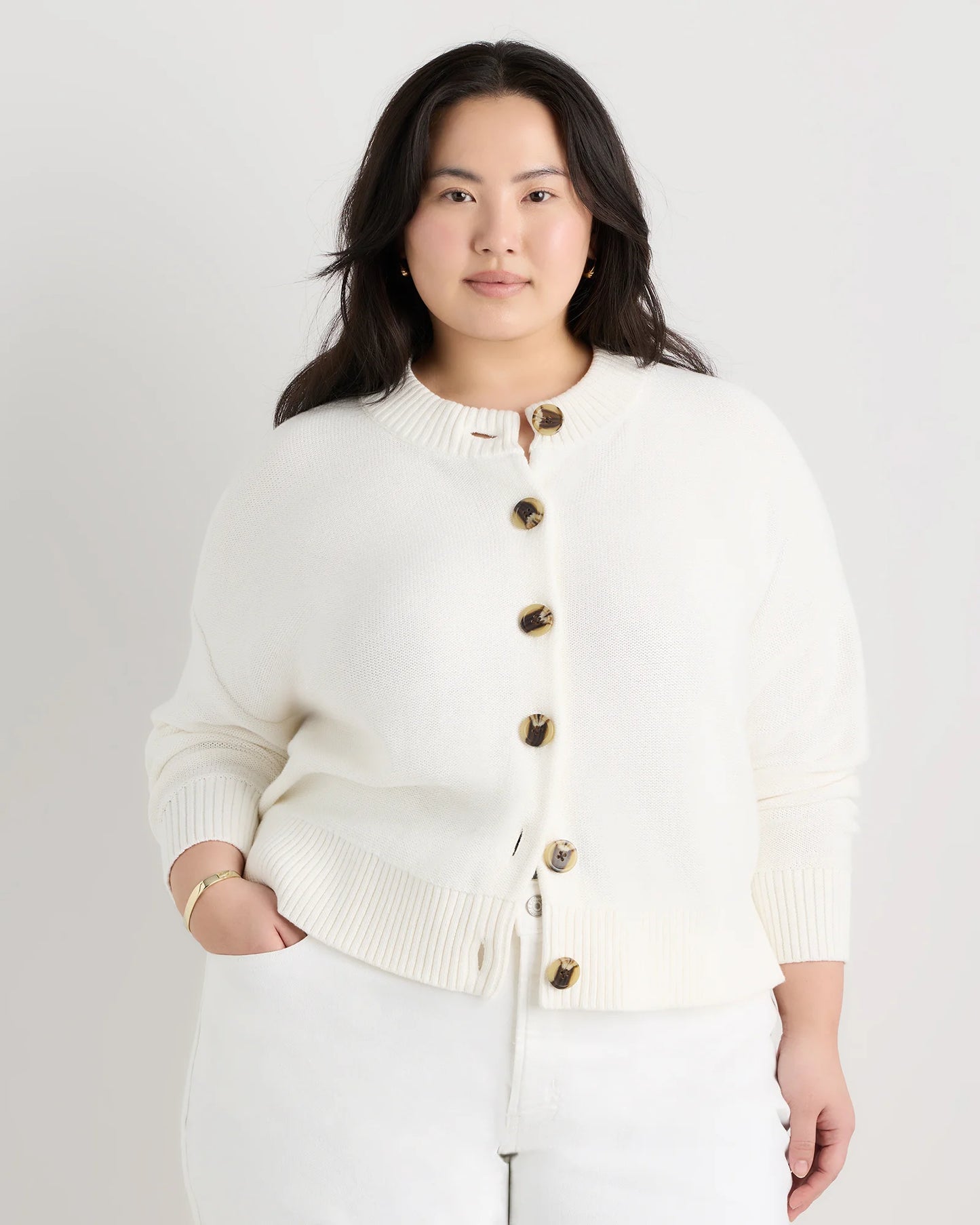 100% Organic Cotton Cropped Cardigan - 1X / Speckled Beige