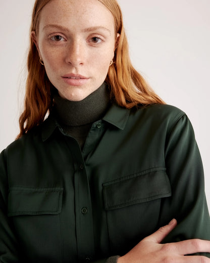Washable Stretch Silk Utility Long Sleeve Blouse - XS / Forest Green