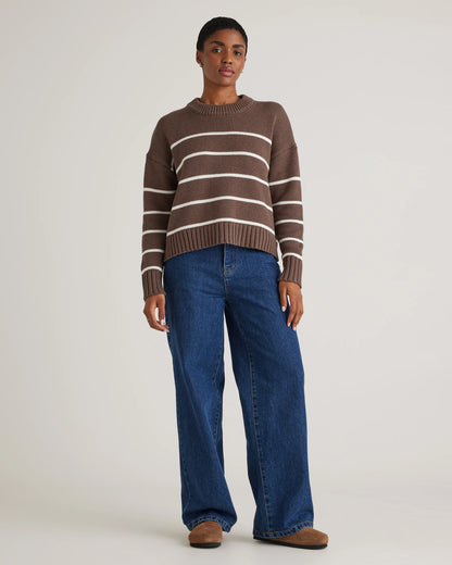 100% Organic Cotton Striped Crew Sweater - XS / Heather Brown/Ivory