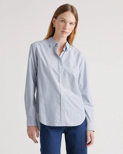100% Organic Cotton Poplin Long Sleeve Shirt - XS / Delta Blue Double Stripe
