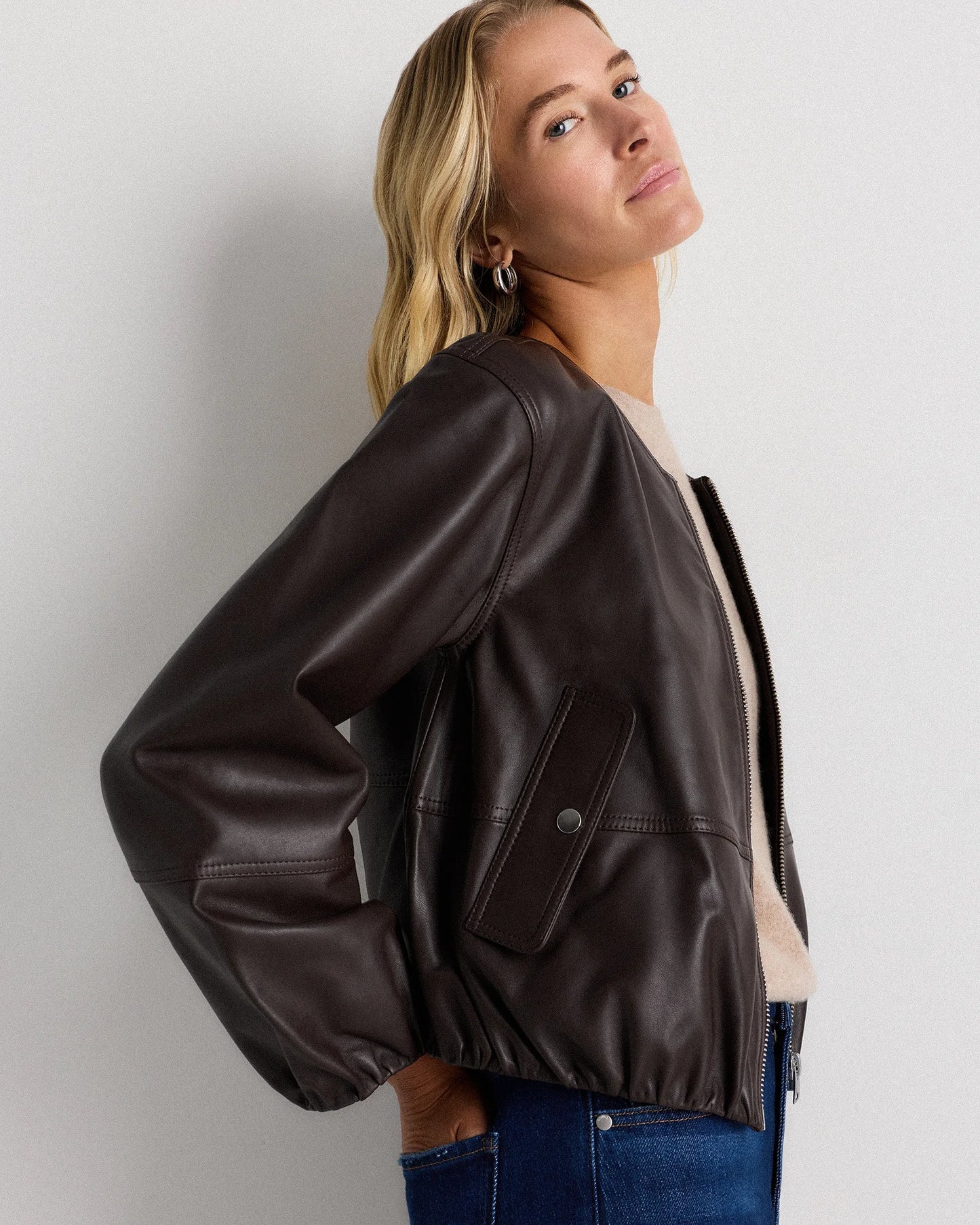 100% Leather Collarless Cropped Bubble Hem Jacket - XS / True Black