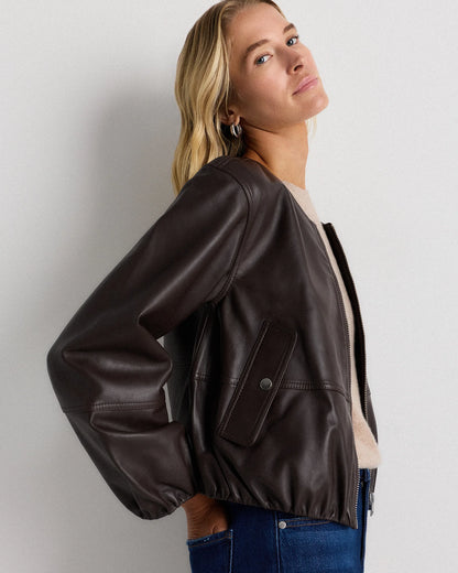 100% Leather Collarless Cropped Bubble Hem Jacket - XS / True Black