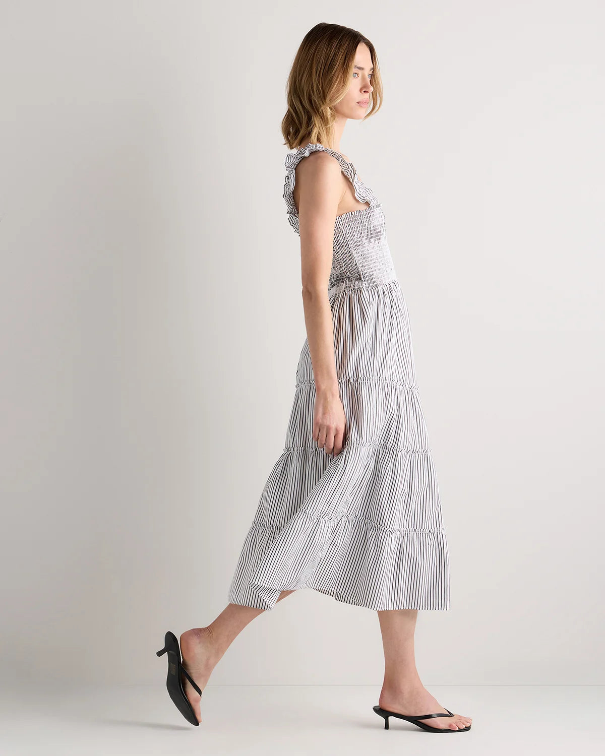100% Organic Cotton Poplin Smocked Midi Dress - XS / Riviera Blue Heirloom Floral