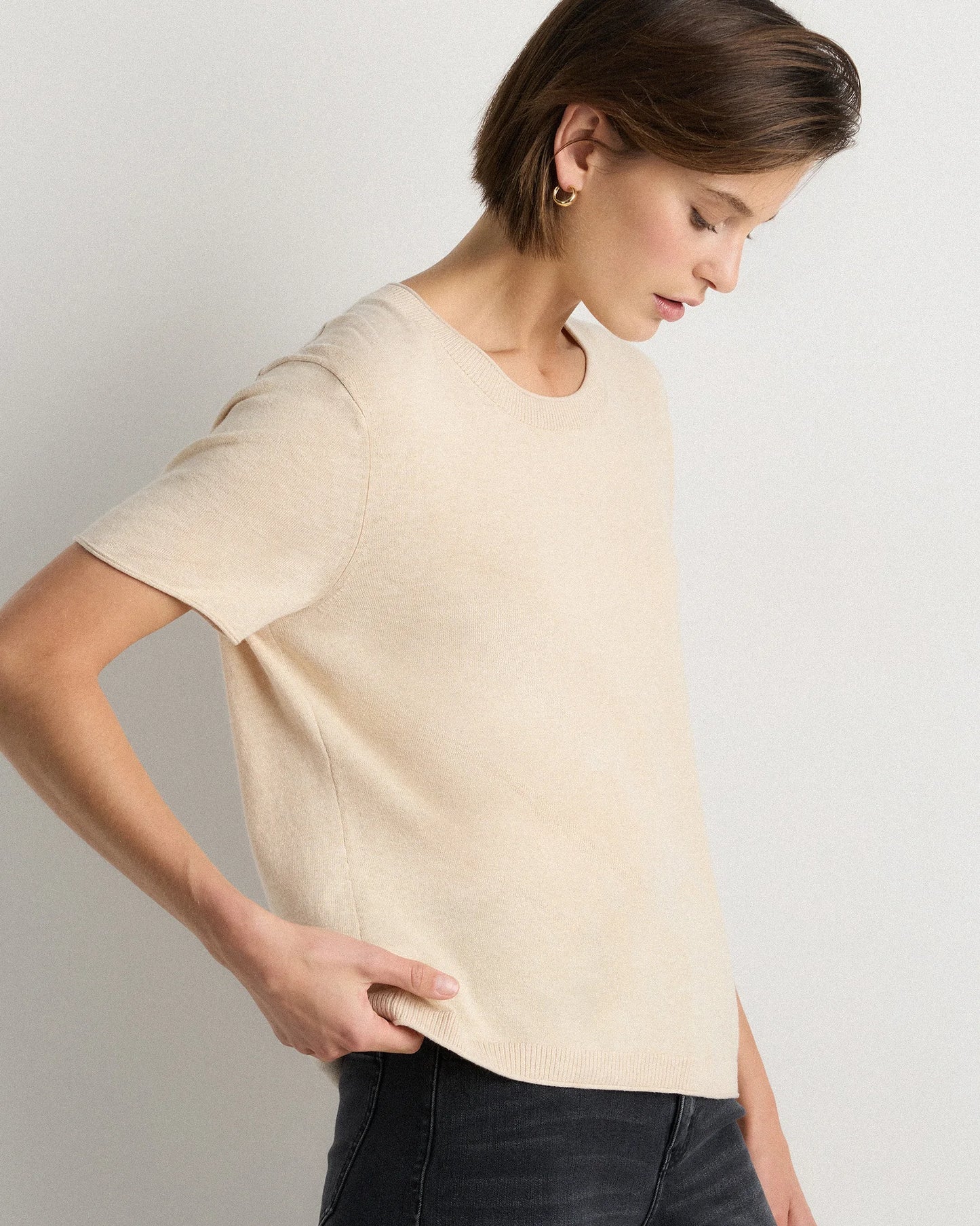 Lightweight Cotton Cashmere Relaxed Sweater Tee - XS / Sugar Stone