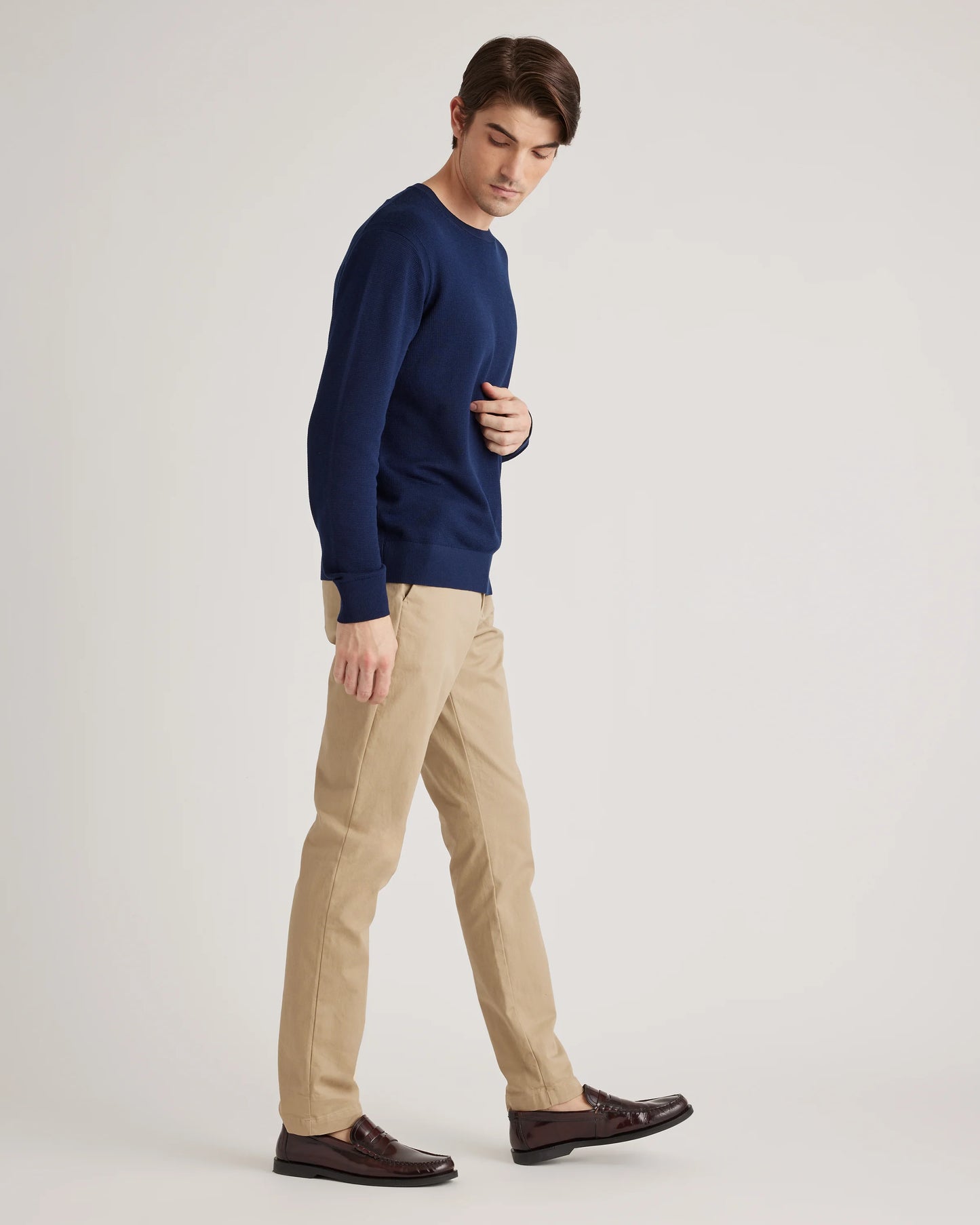 Organic Cotton-Silk Pique Crewneck Sweater - S / Speckled Beige