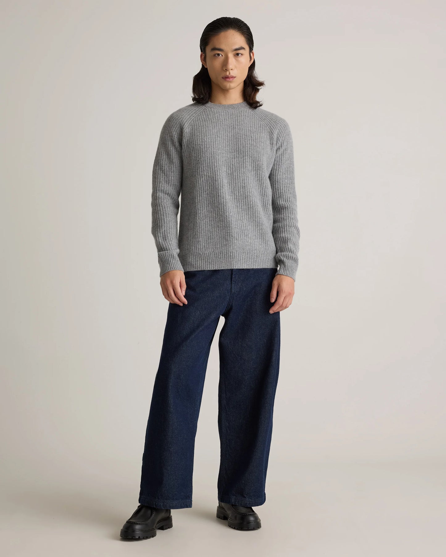Mongolian Cashmere Fisherman Crewneck Sweater - S / Navy Marl