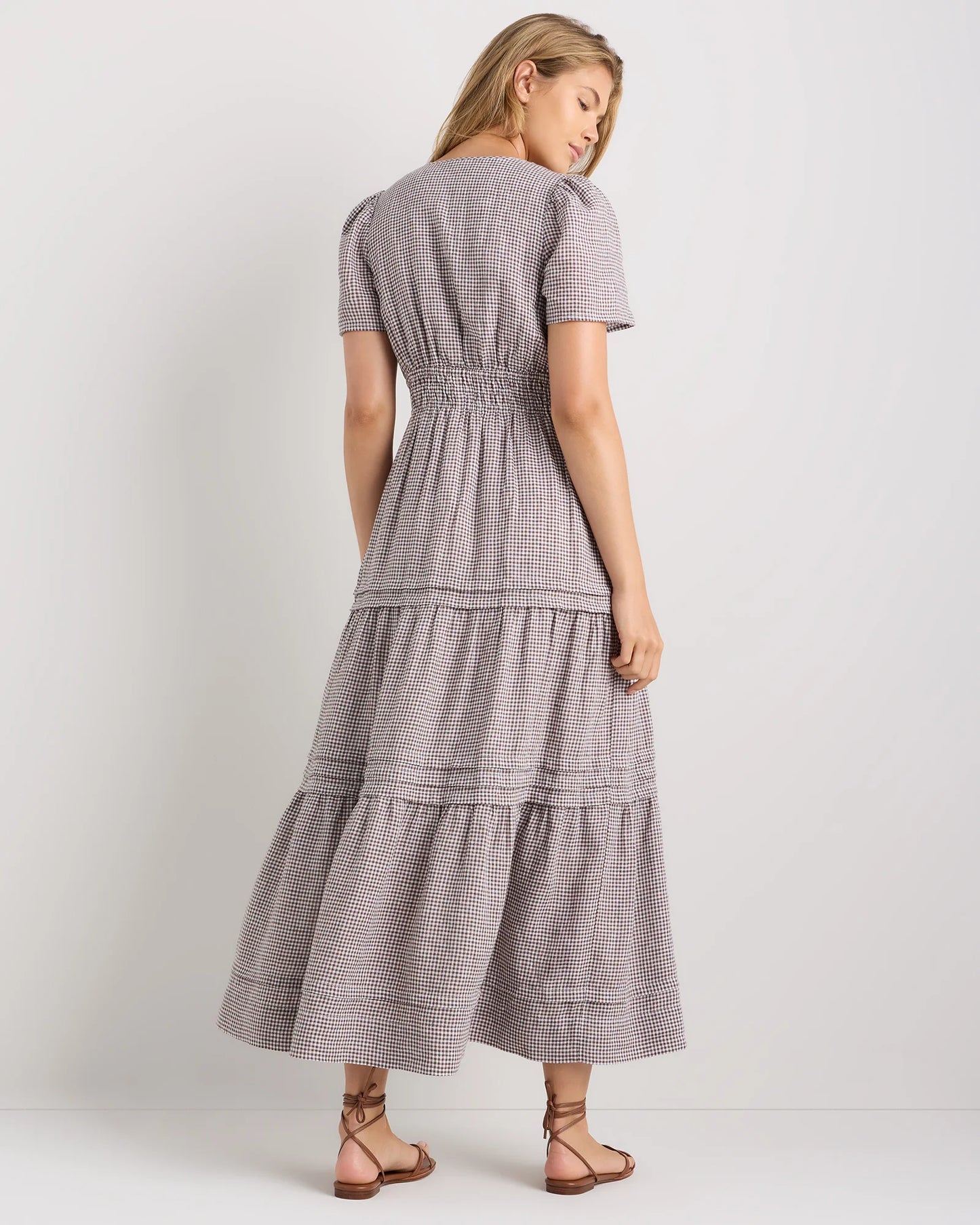 100% European Linen Tiered Maxi Dress - XS / Ivory Porcelain Blue Petite Floral