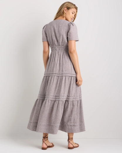 100% European Linen Tiered Maxi Dress - XS / Ivory Porcelain Blue Petite Floral