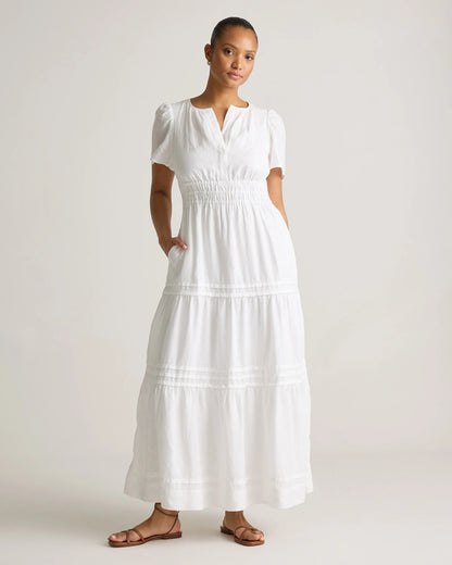 100% European Linen Tiered Maxi Dress - XS / Ivory Porcelain Blue Petite Floral