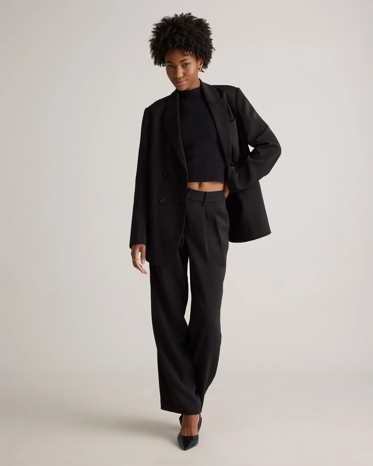 Stretch Crepe Relaxed Double-Breasted Blazer - XS / Sand