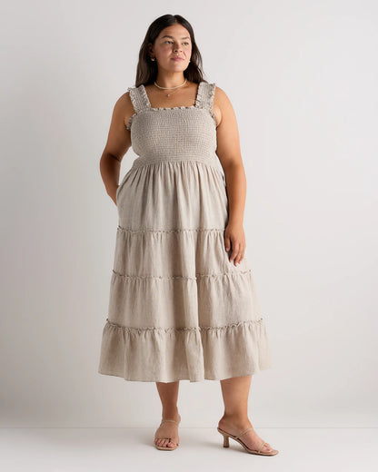 100% European Linen Smocked Midi Dress - 1X / Flax