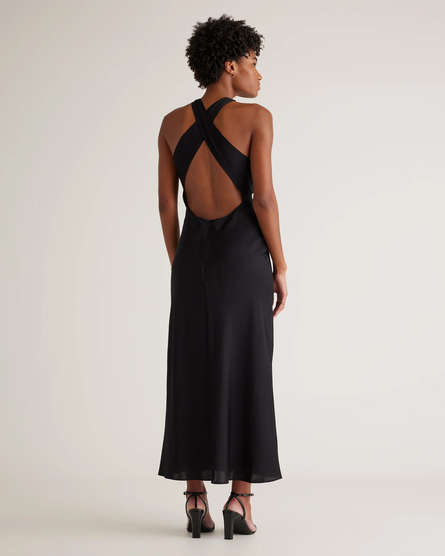 Washable Stretch Silk High Neck Midi Dress - XS / Vintage Navy Roses