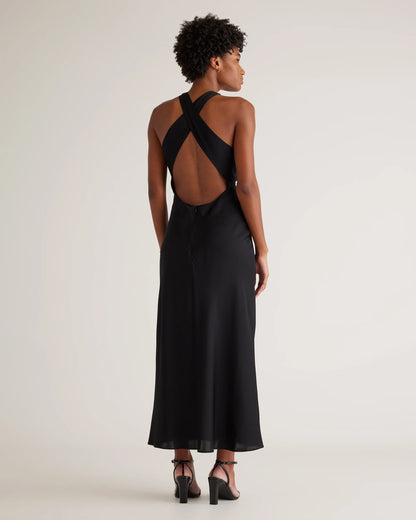 Washable Stretch Silk High Neck Midi Dress - XS / Vintage Navy Roses