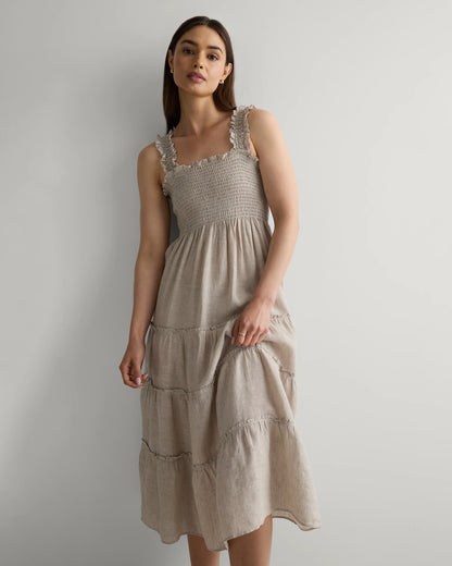 100% European Linen Smocked Midi Dress - XS / Ivory Porcelain Blue Petite Floral