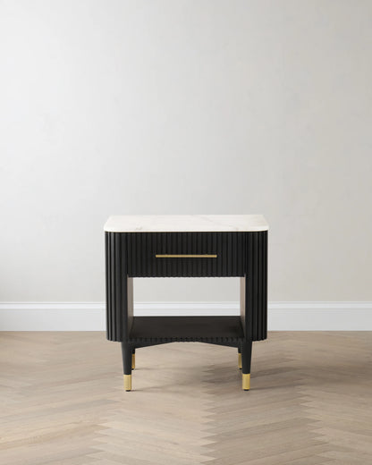 Fluted Wood and Genuine Marble Open Nightstand - One Size / Cream/Black