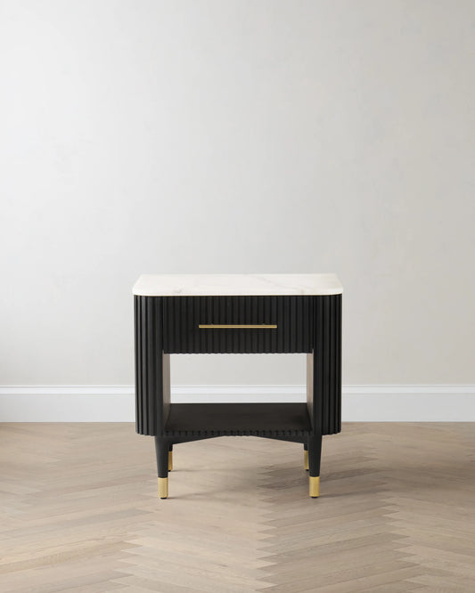 Fluted Wood and Genuine Marble Open Nightstand - One Size / Cream/Black