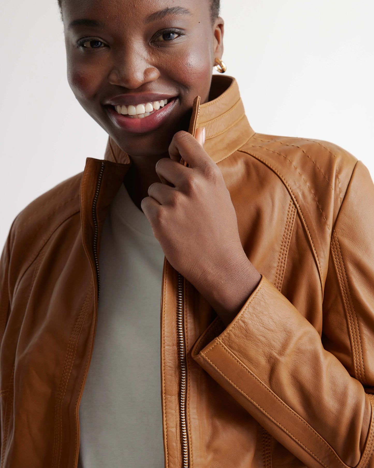 100% Leather Stand-Collar Jacket - XS / True Black