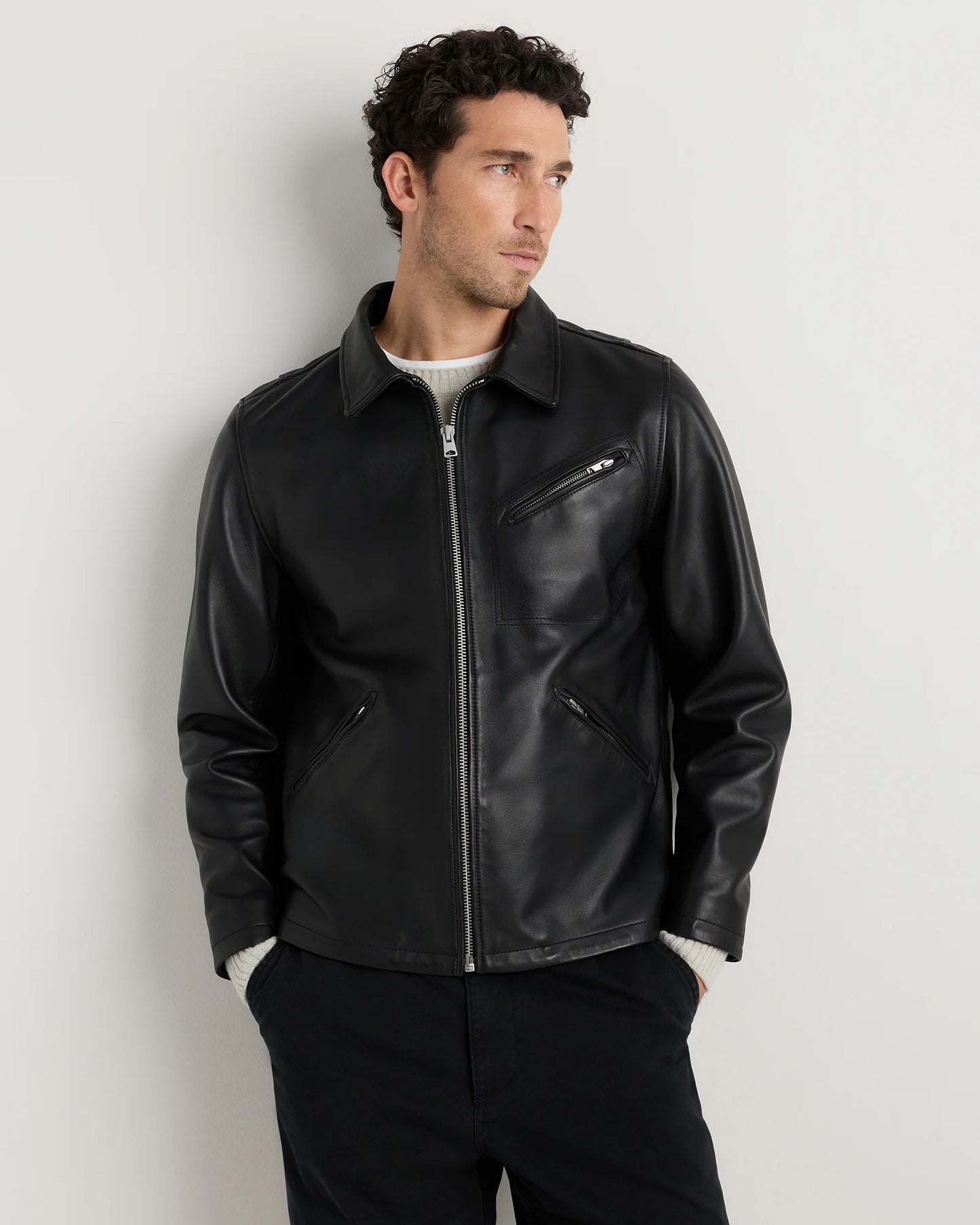 100% Washed Leather Moto Jacket - S / Dark Cognac Brown
