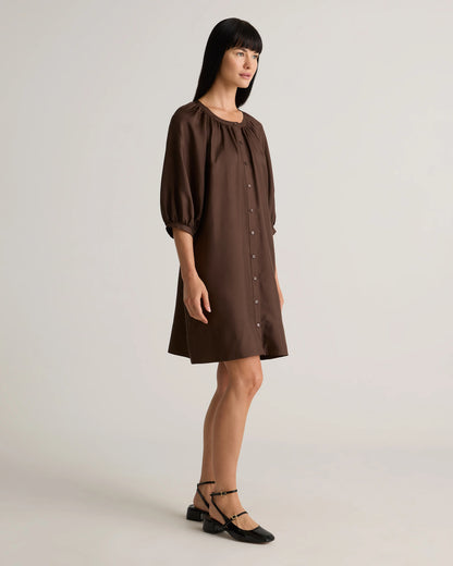 100% Silk Twill Button Front Mini Dress - XS / Hot Fudge